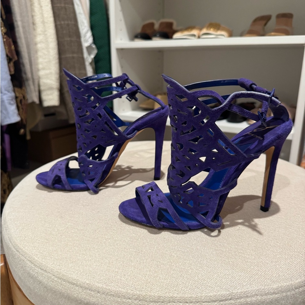 Brian Atwood Purple Laser-Cut Suede High Heel Sandals